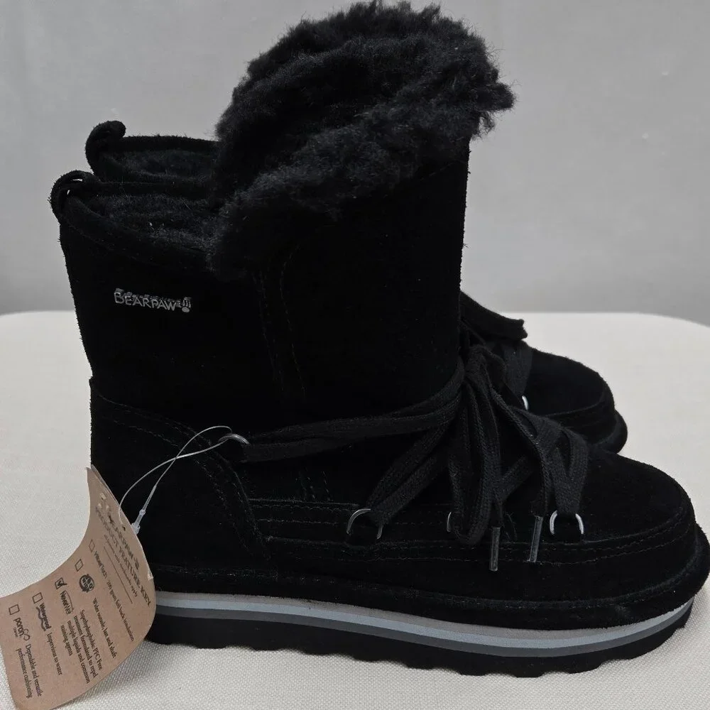 BEARPAW Retro Mondi Youth Ankle Boot, Kid's Lace-up Boot Cow Suede Sz 4 NWT $79